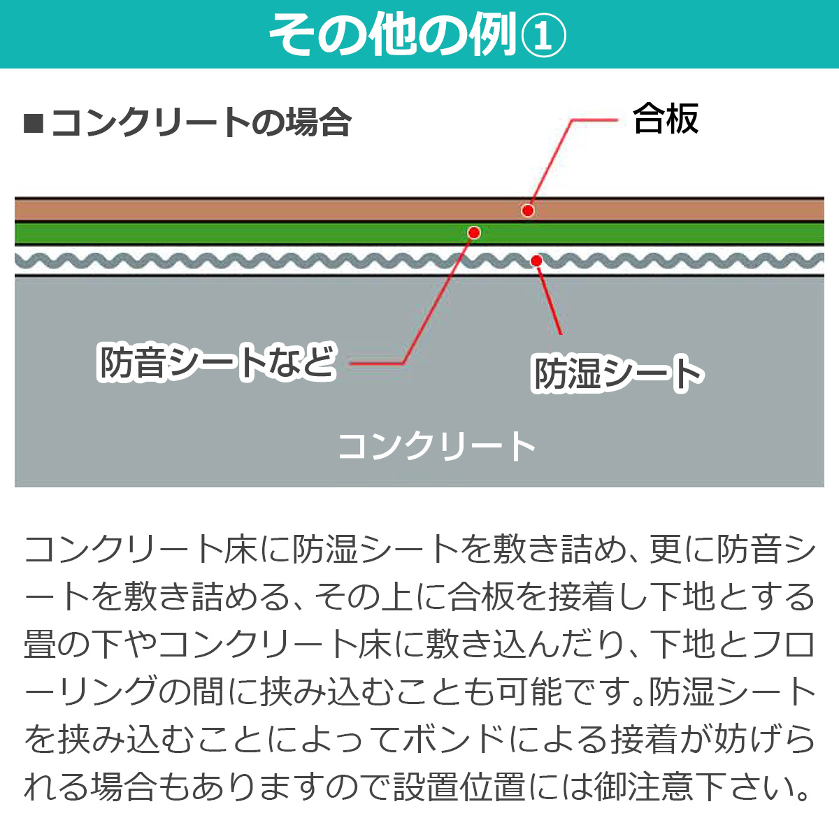 その他の例１　コンクリート床に防湿シートを敷き詰め、更に防音シートを敷き詰める、その上に合板を接着し下地とする畳の下やコンクリート床に敷き込んだり、下地とフローリングの間に挟み込むことも可能です。防湿シートを挟み込むことによってボンドによる接着が妨げられる場合もありますので設置位置には御注意下さい。