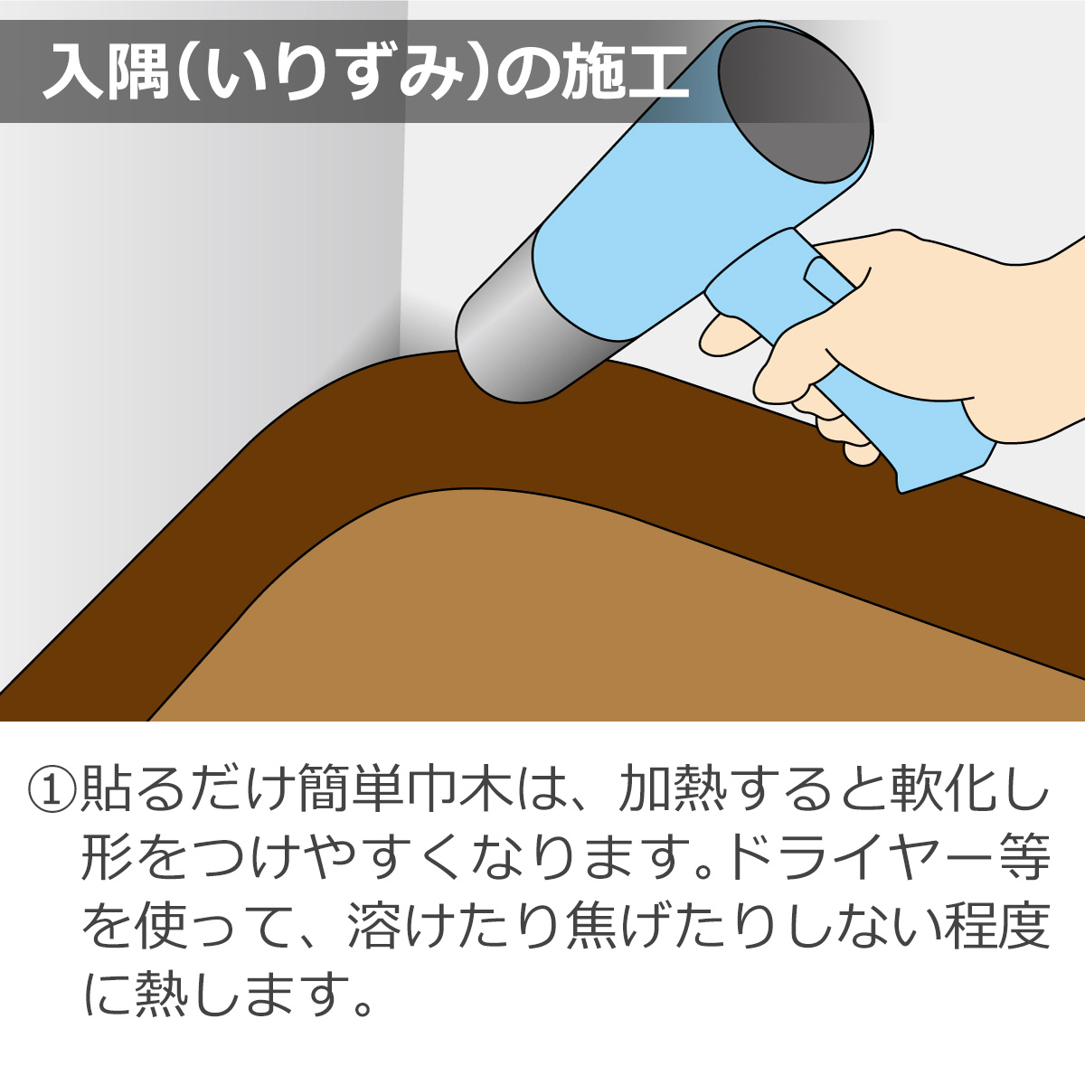 入隅（いりずみ）の施工　１・貼るだけ簡単巾木は、加熱すると軟化し形をつけやすくなります。ドライヤー等を使って、溶けたり焦げたりしない程度に熱します。