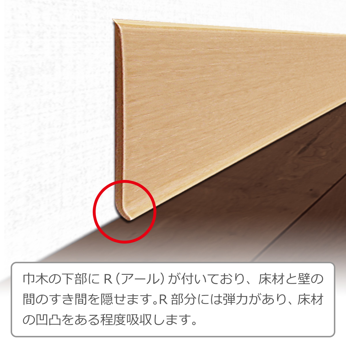 巾木の下部にアールが付いており、床材と壁の間のすき間を隠せます。R部分には弾力があり、床材の凹凸をある程度吸収します。