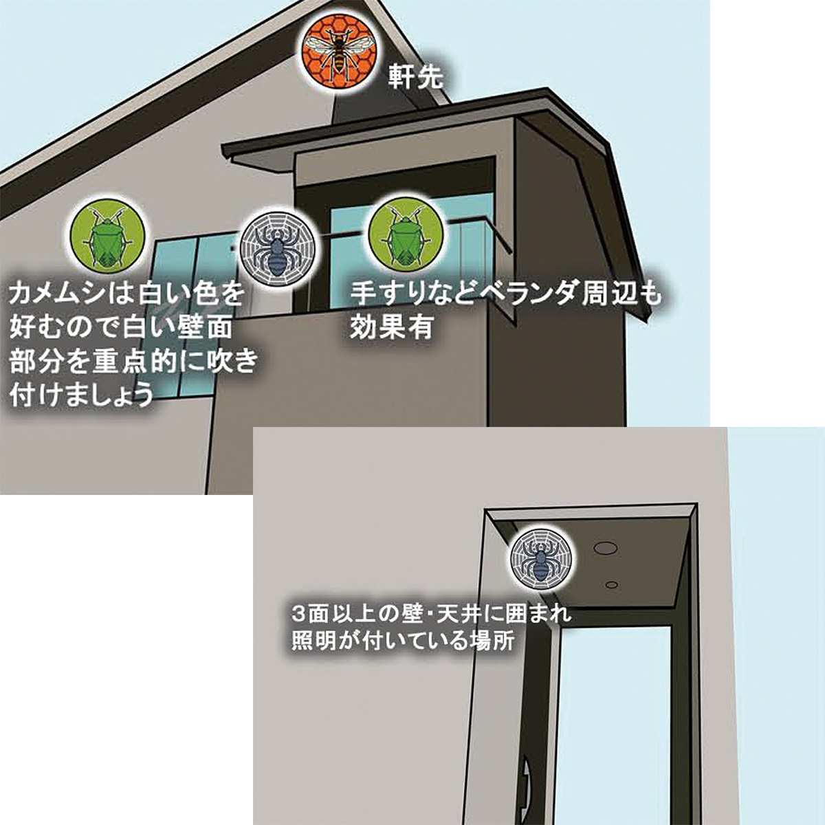 カメムシは白い色を好むので白い壁面部分を重点的に吹き付けましょう　手すりなどベランダ周辺も効果有　３面以上の壁・天井に囲まれ照明が付いている場所