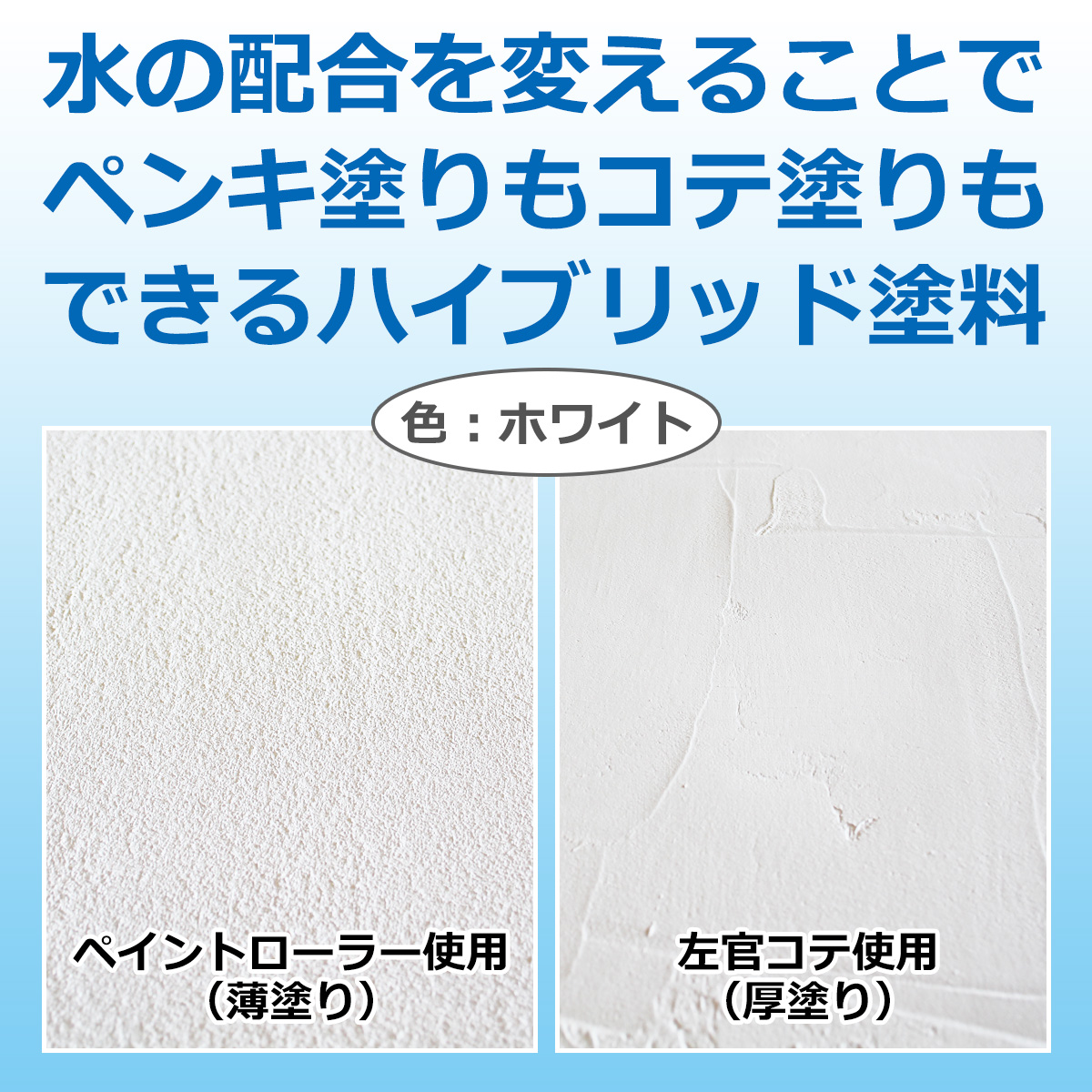 水の配合を変えることでペンキ塗りもコテ塗りもできるハイブリッド塗料　色：ホワイト　ペイントローラー使用（薄塗り）　左官コテ使用（厚塗り）