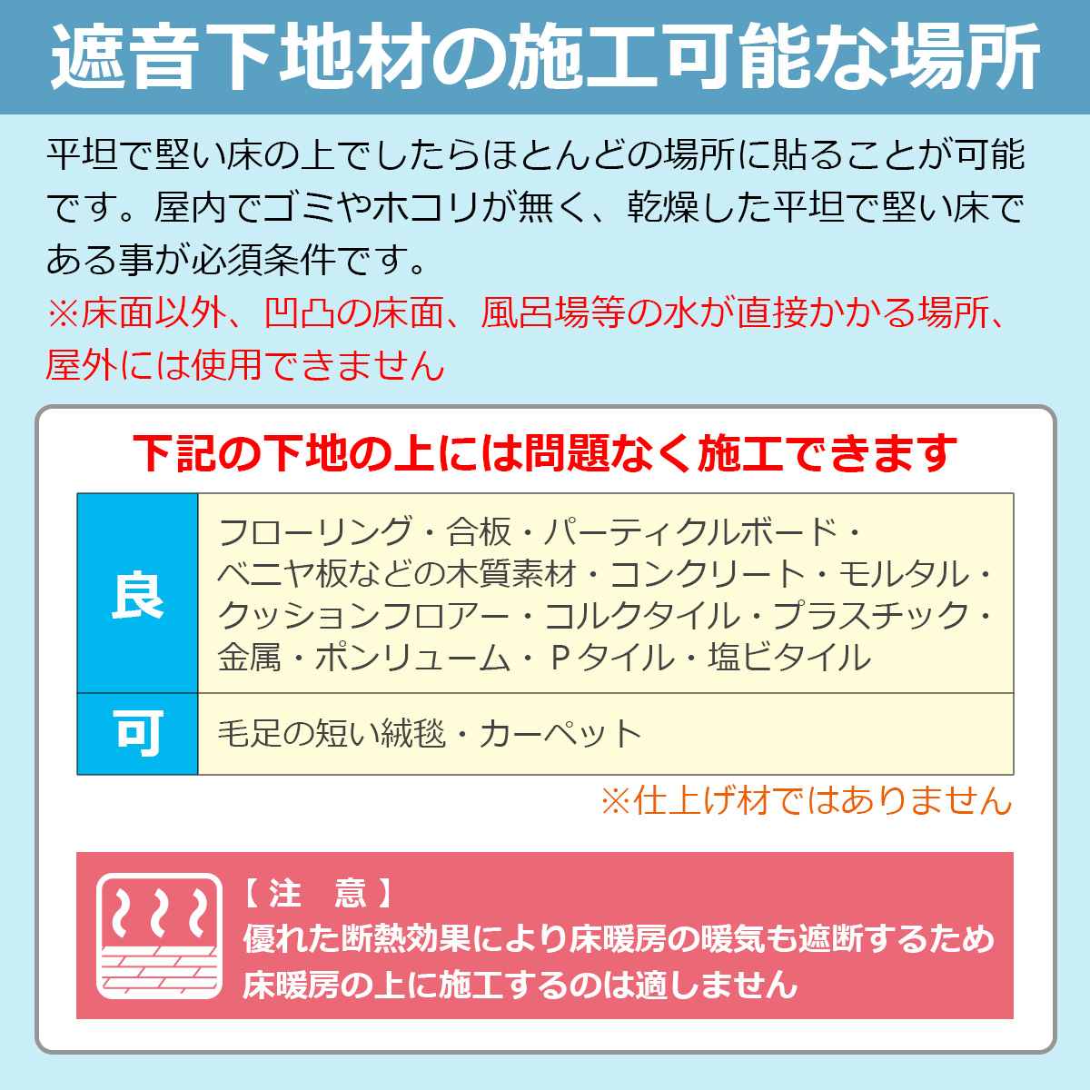 遮音下地材の施工可能な場所