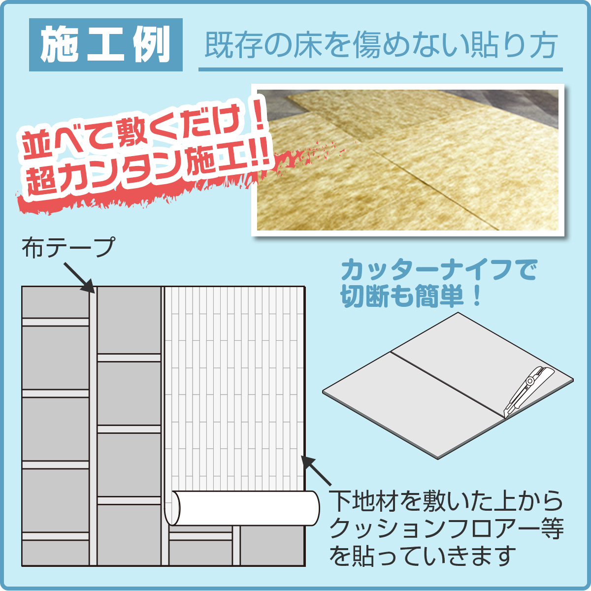 施工例　既存の床を傷めない貼り方　並べて敷くだけ　超カンタン施工　カッターナイフで切断も簡単　下地材を敷いた上からクッションフロアー等を貼っていきます