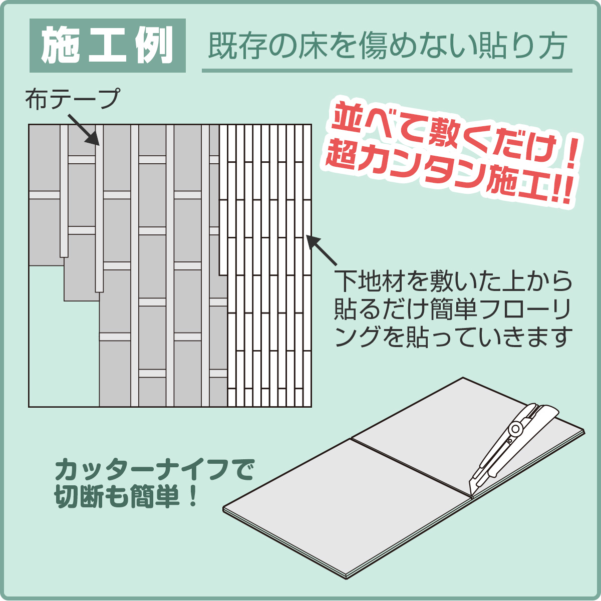 施工例　既存の床を傷めない貼り方　並べて敷くだけ　超カンタン施工　カッターナイフで切断も簡単　下地材を敷いた上から貼るだけ簡単フローリングを貼っていきます