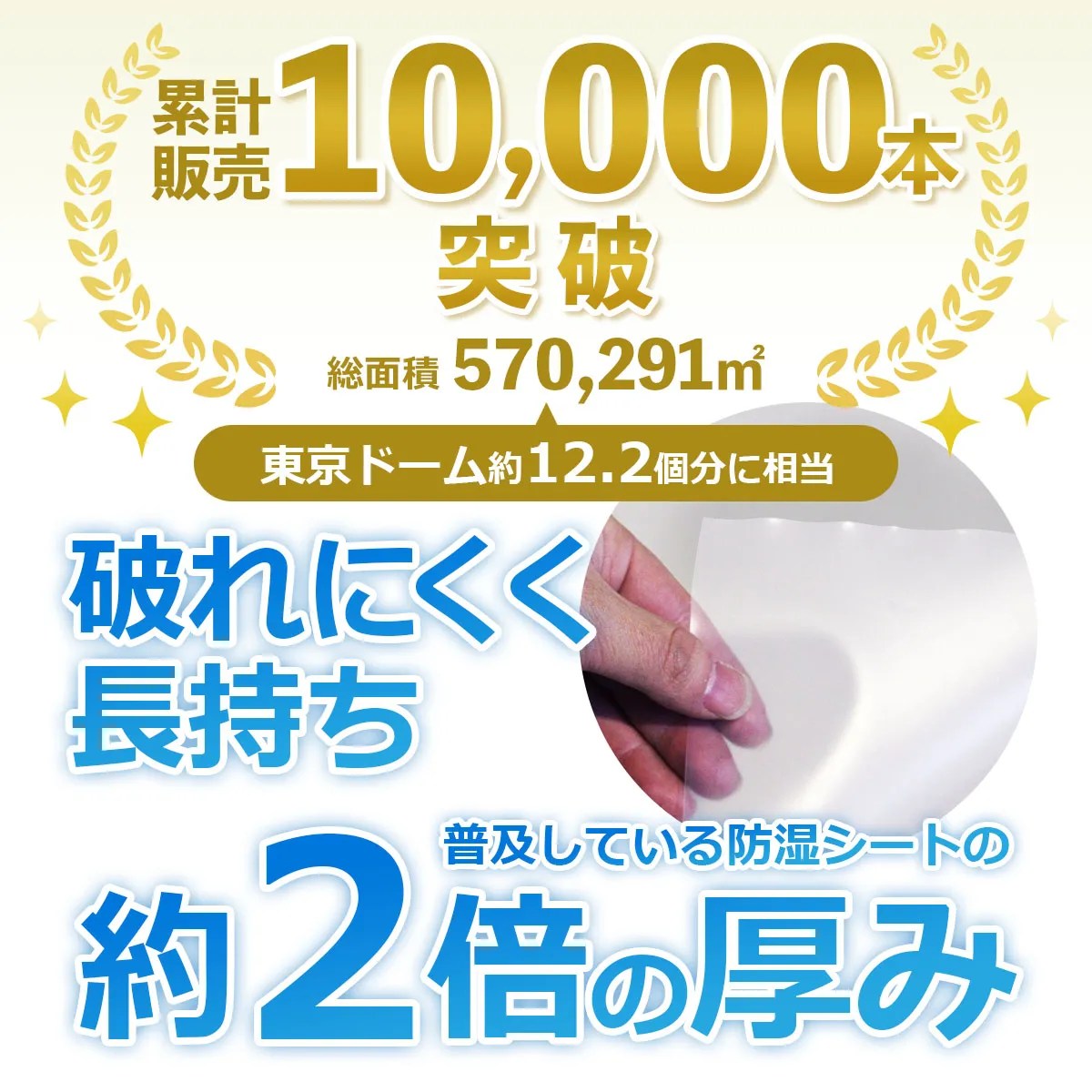 累計販売10,000本突破 総面積 570,291㎡ 東京ドーム約12.2個分に相当 破れにくく長持ち 普及している防湿シートの約2倍の厚み