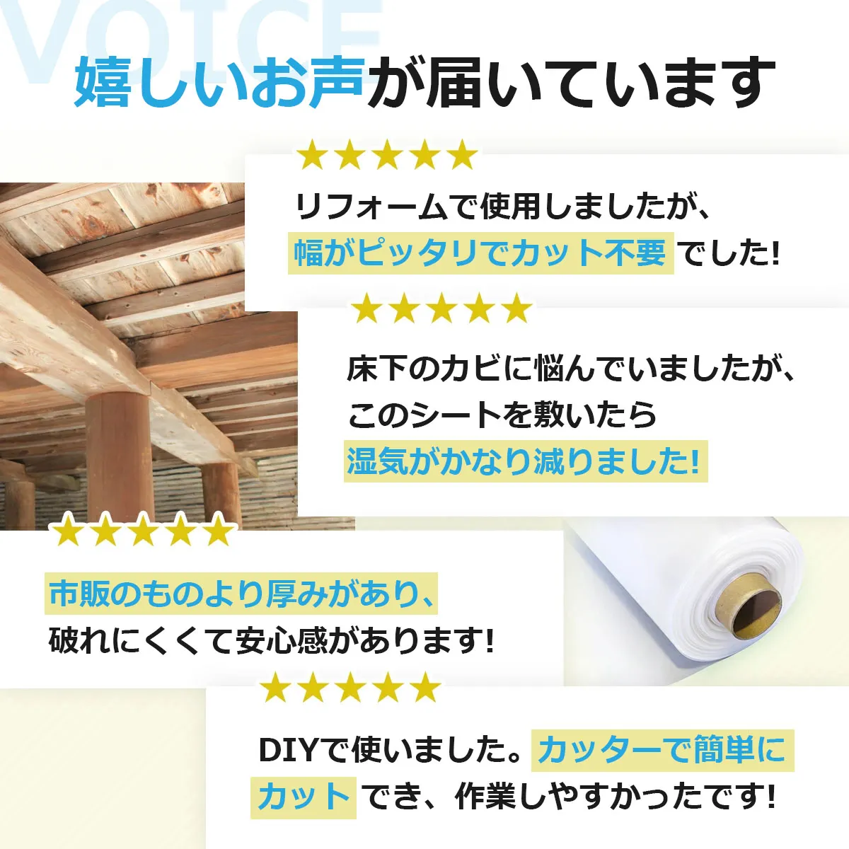 VOICE 嬉しいお声が届いています リフォームで使用しましたが、幅がピッタリでカット不要でした！ 床下のカビに悩んでいましたが、このシートを敷いたら湿気がかなり減りました！ 市販のものより厚みがあり、破れにくくて安心感があります！ DIYで使いました。カッターで簡単にカットでき、作業しやすかったです！