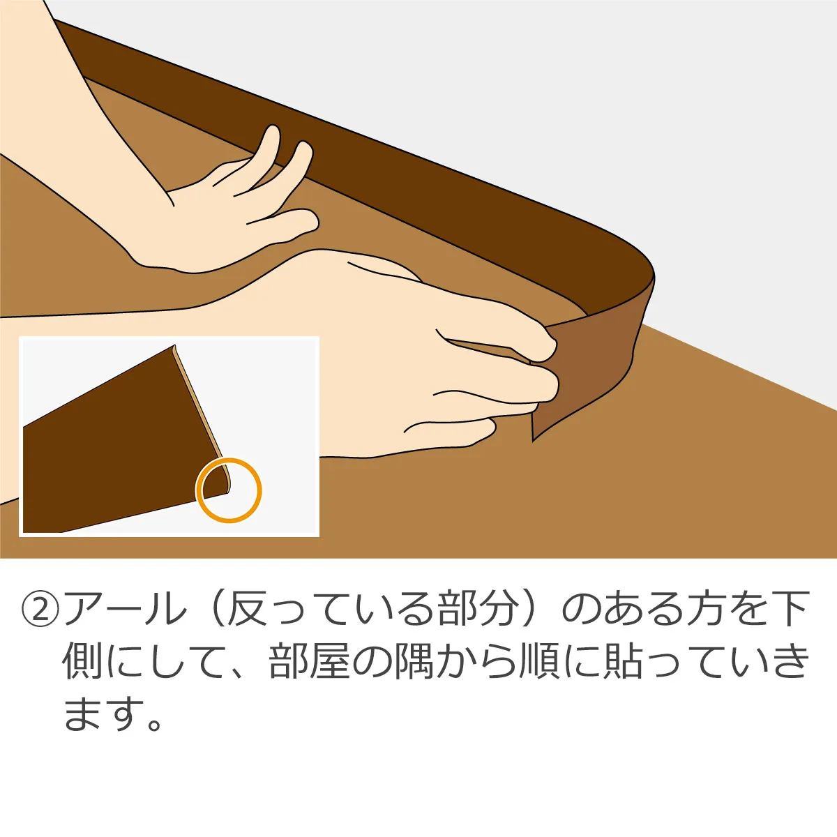 ②アール(反っている部分)のある方を下側にして、部屋の隅から順に貼っていきます。
