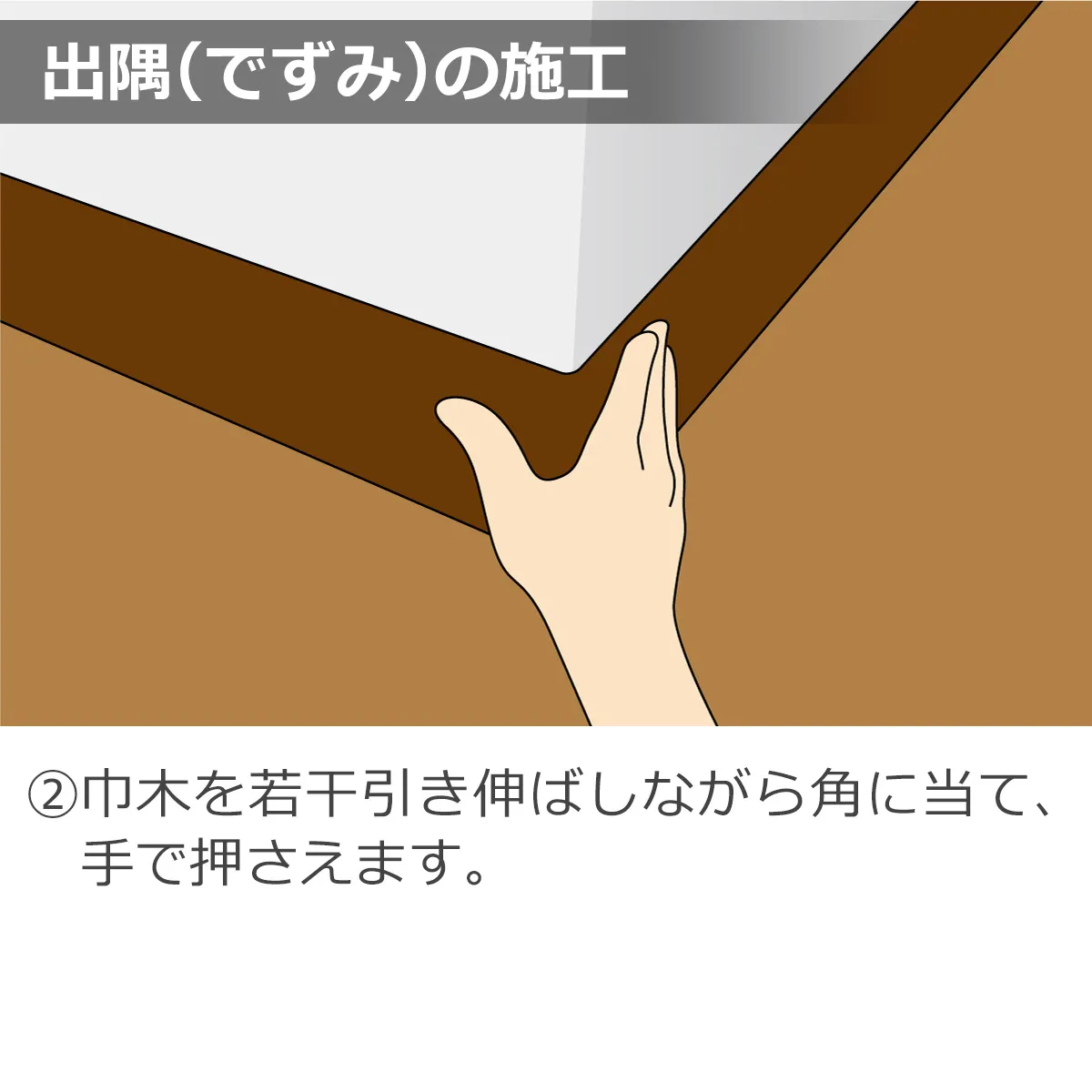 出隅(でずみ)の施工 ②巾木を若干引き伸ばしながら角に当て、手で押さえます。