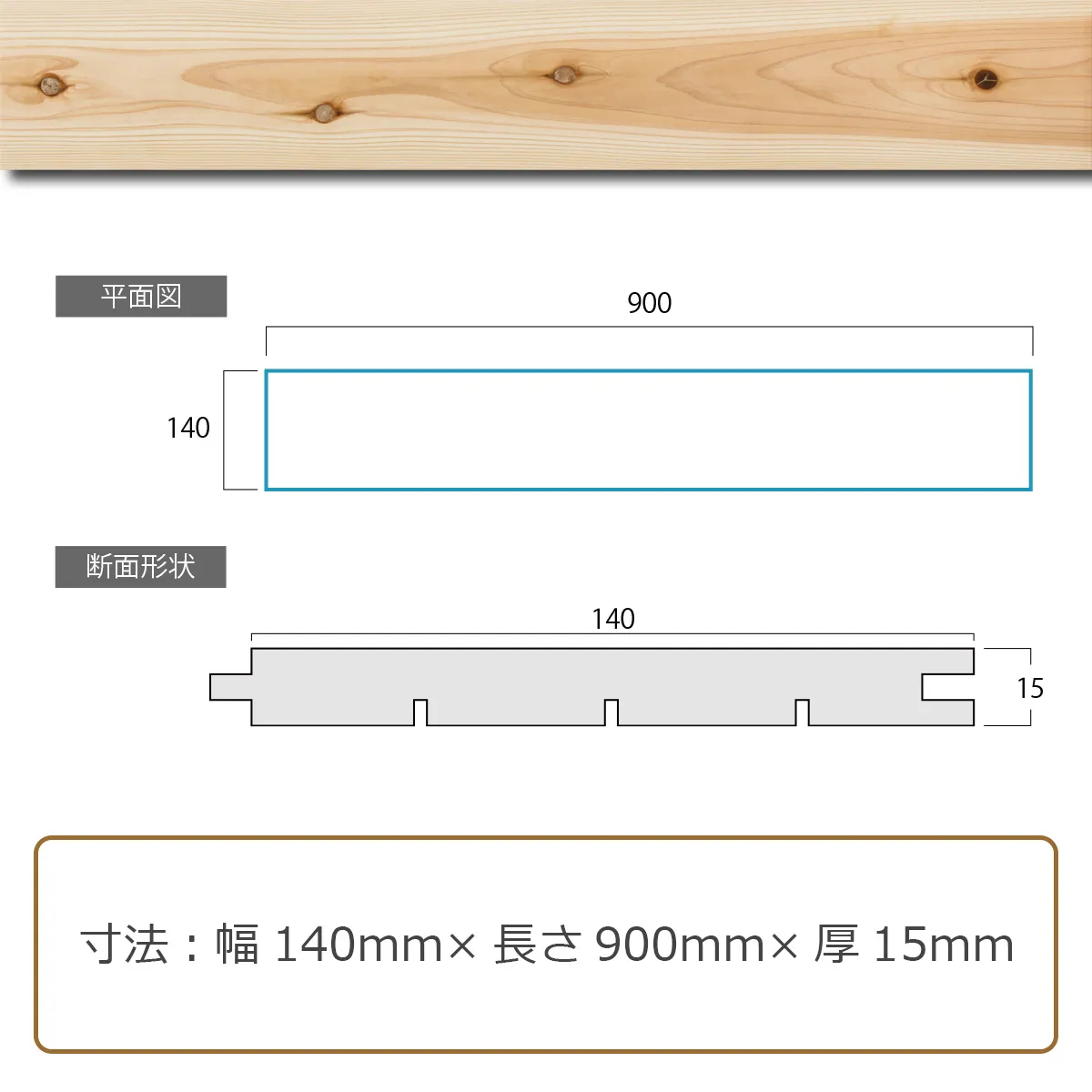 平面図 断面形状 寸法:幅140mm×長さ900mm×厚15mm 入数:1箱(0.5坪)=12枚入り(1.51㎡)