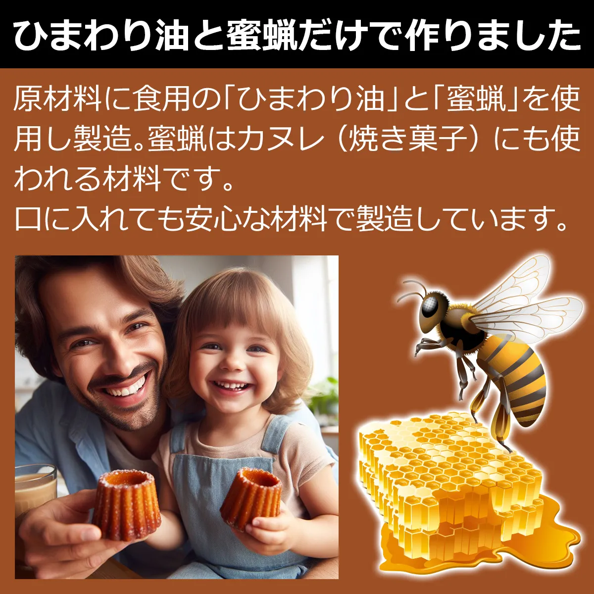 ひまわり油と蜜蝋だけで作りました 原材料に食用の「ひまわり油」と「蜜蝋」を使用し製造・蜜蝋はカヌレ(焼き菓子)にも使われる材料です 口に入れても安心な材料で製造しています