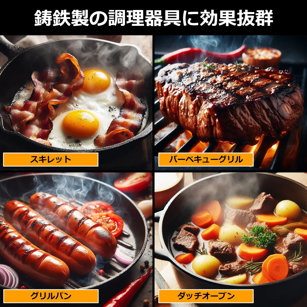スキレットやバーベキューグリル、グリルパンにダッチオーブンなど、鋳鉄製の調理器具に効果抜群!