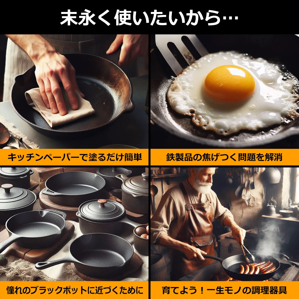 末永く使いたいから… キッチンペーパーで塗るだけ簡単 鉄製品の焦げ付く問題を解消 憧れのブラックポットに近づくために 育てよう!一生モノの調理器具