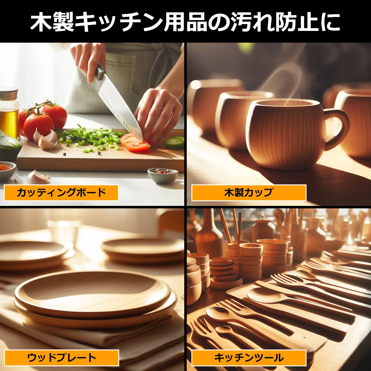 木製キッチン用品の汚れ防止 まな板やカッティングボード、コップや皿など、木製のキッチン用品にも『太陽のワックス』が効果的です