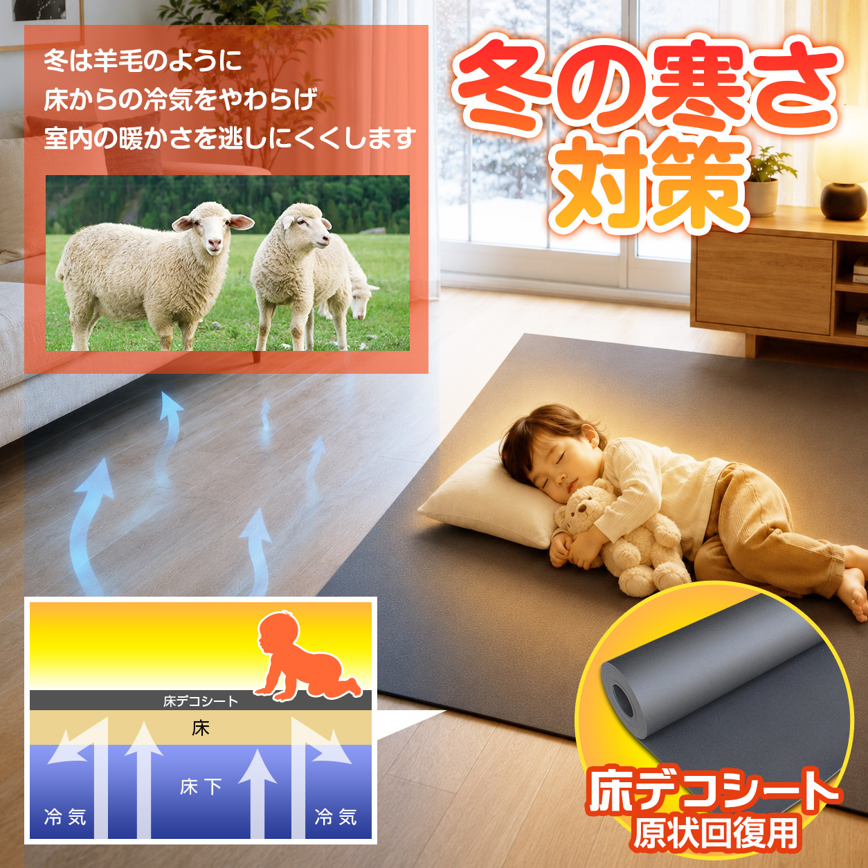 床から伝わる冷気を和らげる床デコシートの断熱イメージ