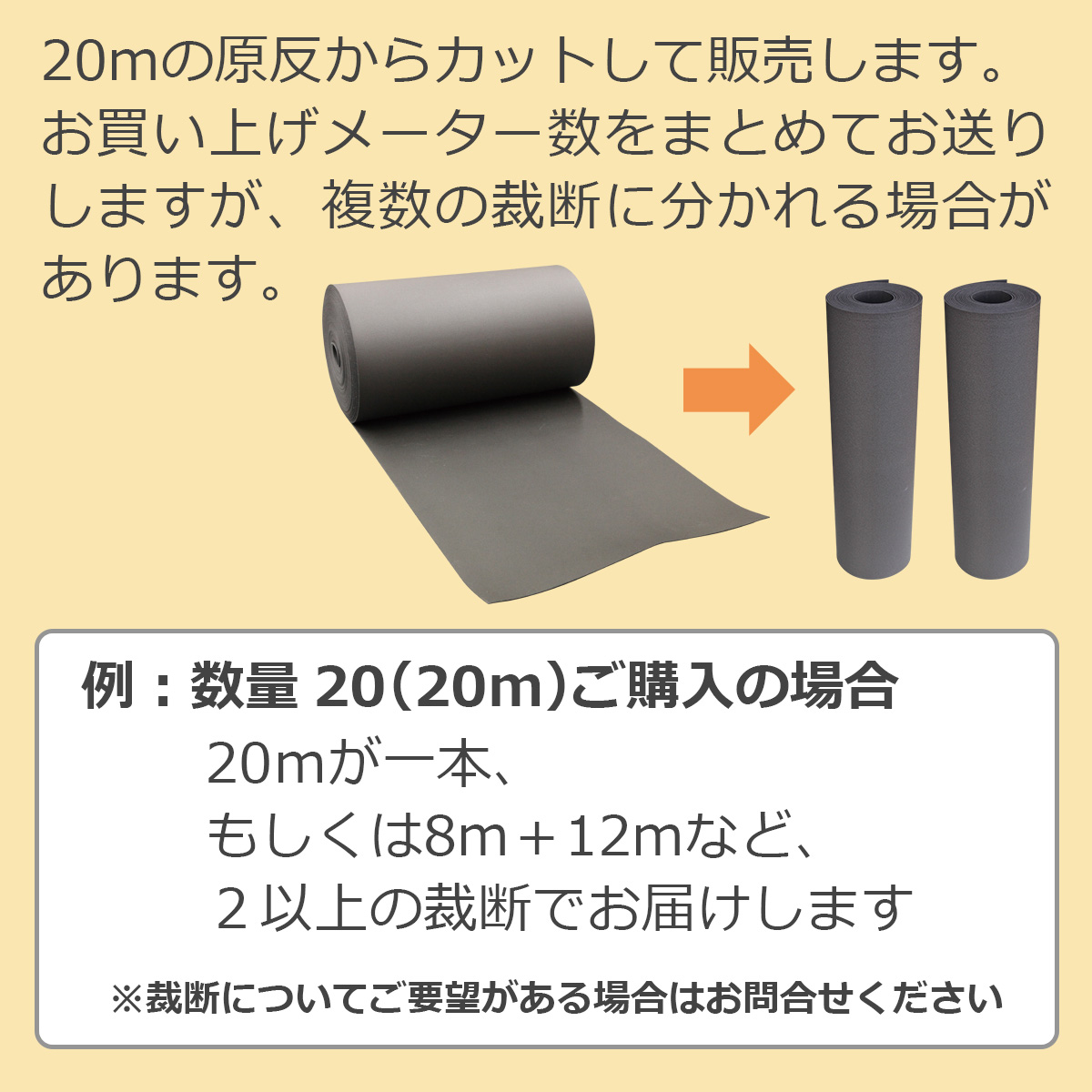 20mの原反からカットして販売します。お買い上げメーター数をまとめてお送りしますが、複数の裁断に分かれる場合があります。 例:数量 20(20m)ご購入の場合 20mが一本、もしくは8m+12mなど、2以上の裁断でお届けします ※裁断について要望がある場合はお問合せください
