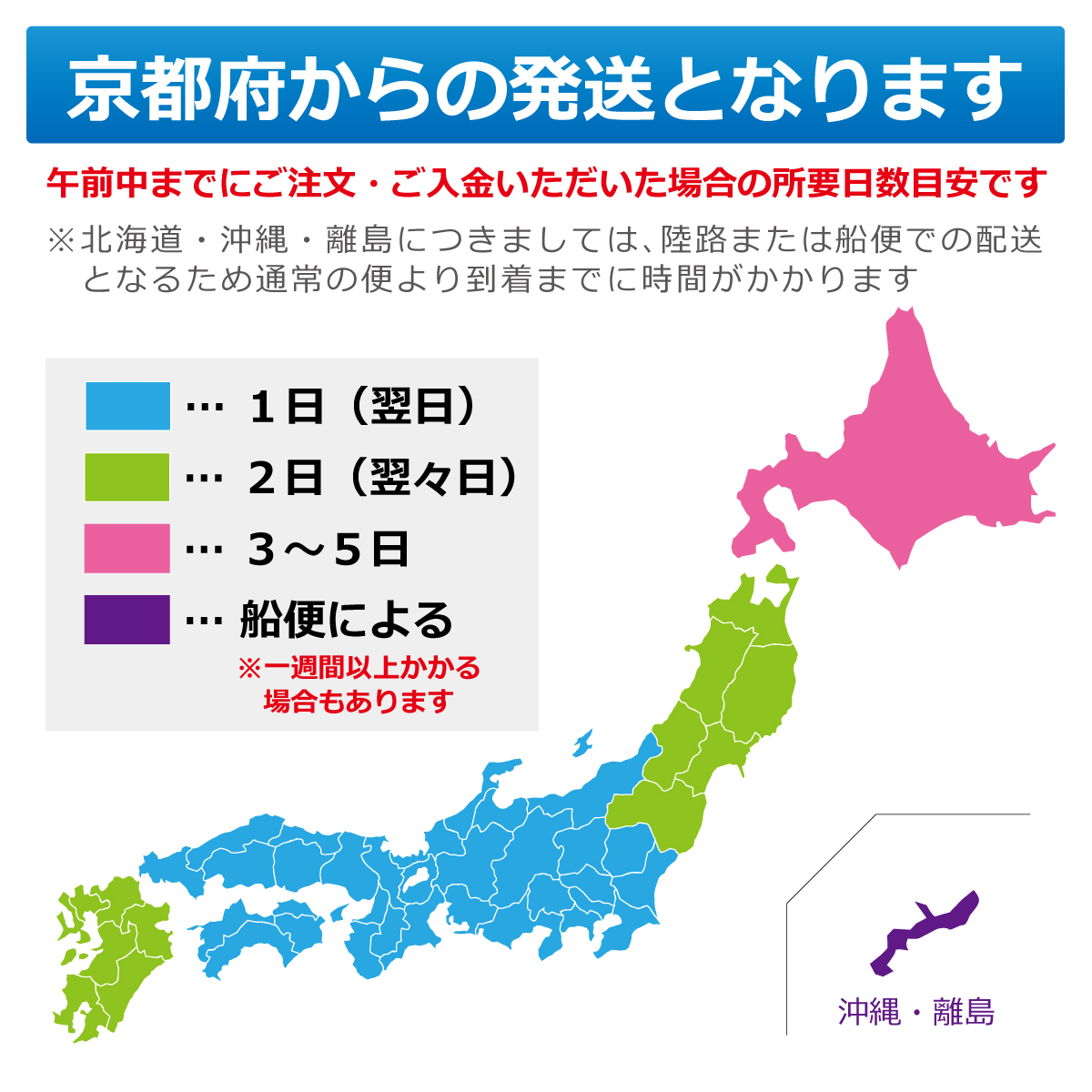 京都府からの発送となります　午前中までにご注文・ご入金いただいた場合の所要日数目安です