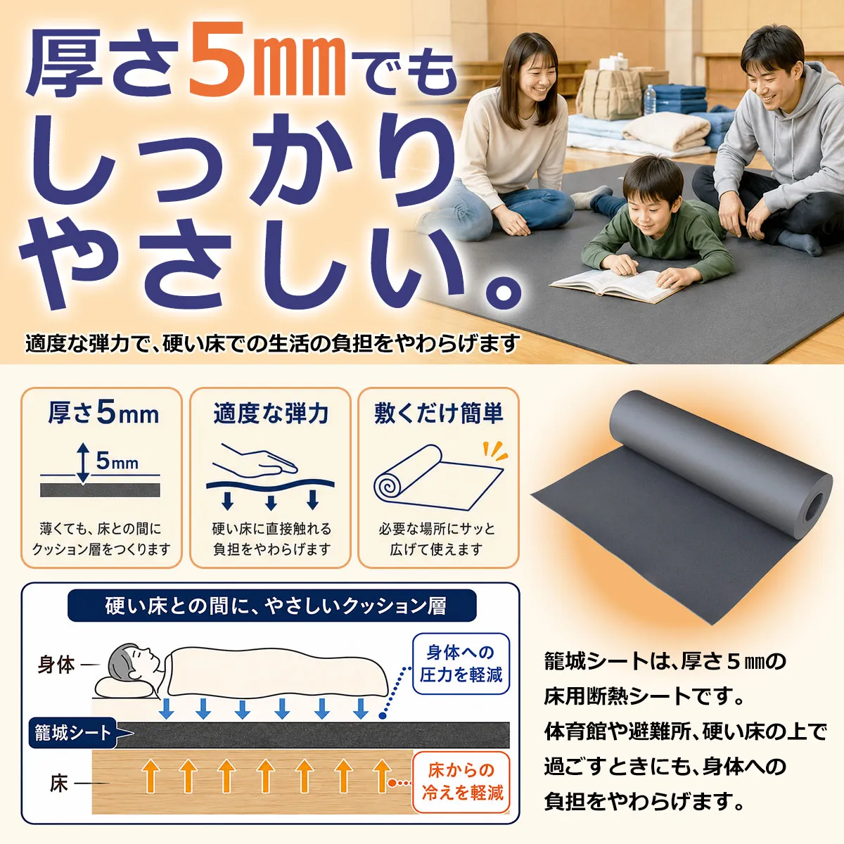 厚さ5mmの断熱性と適度な弾力で床の冷たさと硬さを和らげる籠城シート