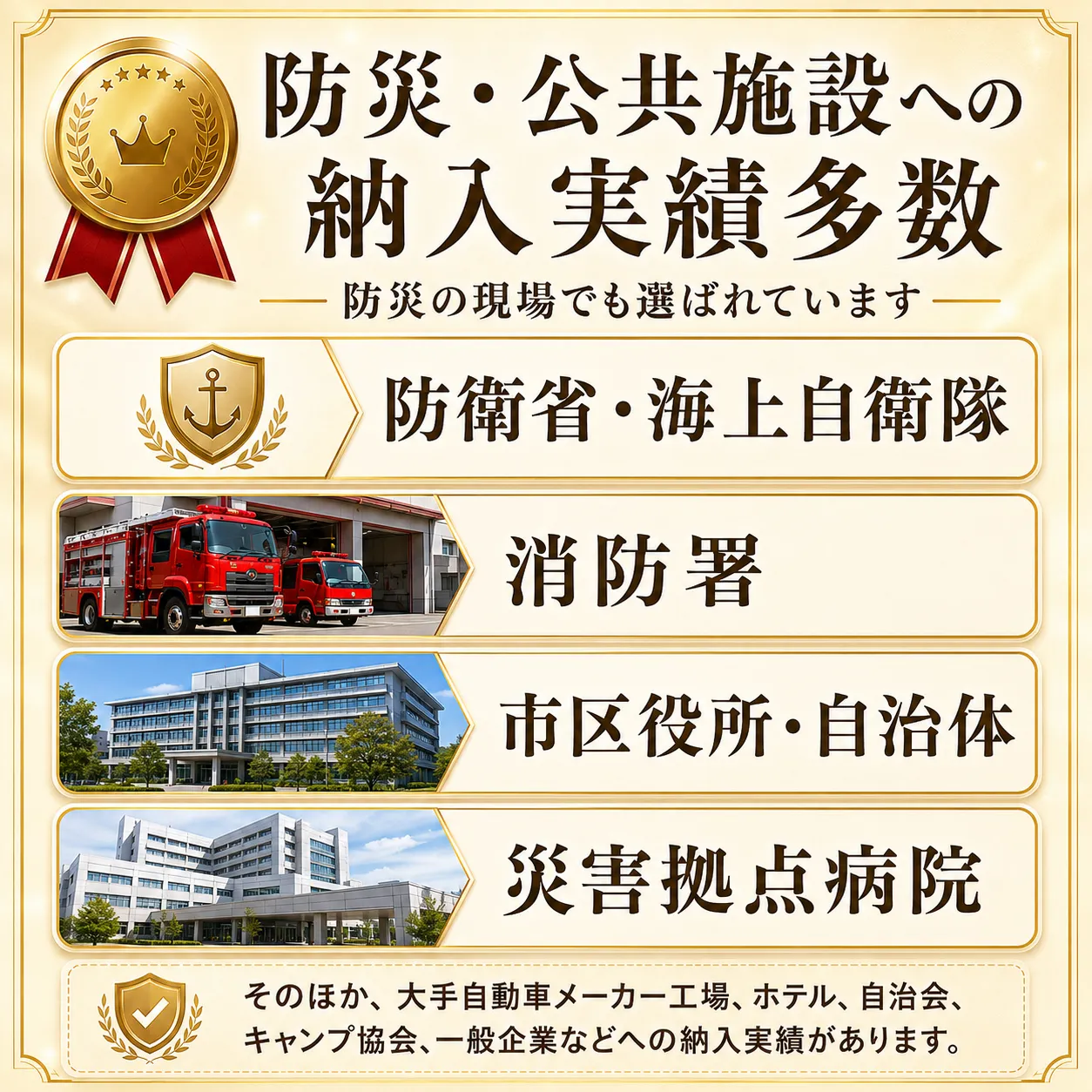 自治体・消防署・医療施設・企業などへの籠城シート納入実績