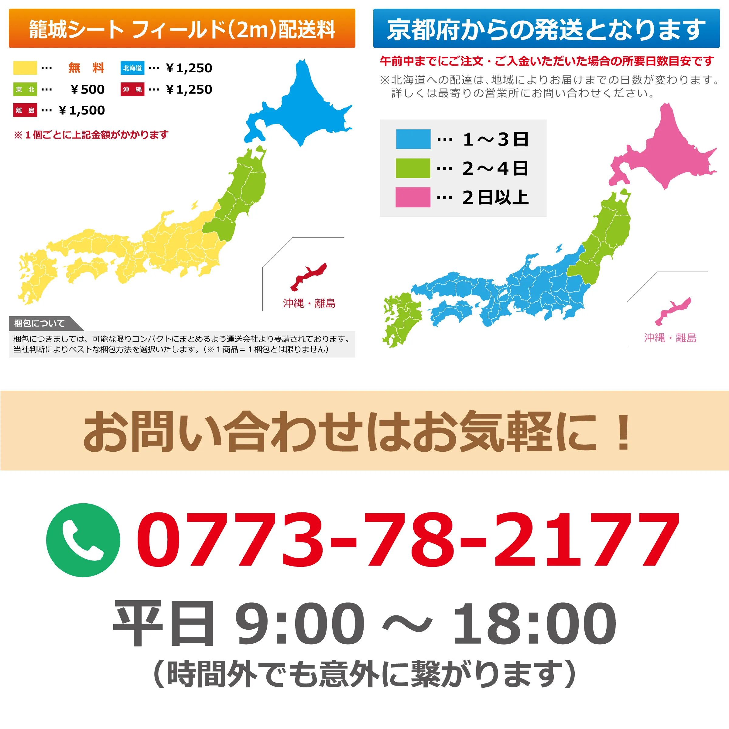 籠城シート フィールド2mの地域別配送料・お届け日数・梱包方法の案内