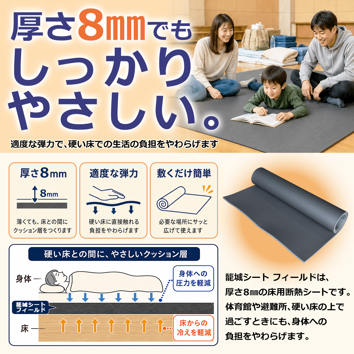 厚さ8mmでもしっかりやさしい。 適度な弾力で、硬い床での生活の負担をやわらげます 厚さ8mm 薄くても、床との間にクッション層をつくります 適度な弾力 硬い床に直接触れる負担をやわらげます 敷くだけ簡単 必要な場所にサッと広げて使えます 硬い床との間に、やさしいクッション層 身体 籠城シートフィールド 床 身体への圧力を軽減 床からの冷えを軽減 籠城シート フィールドは、厚さ8mmの床用断熱シートです。体育館や避難所、硬い床の上で過ごすときにも、身体への負担をやわらげます。