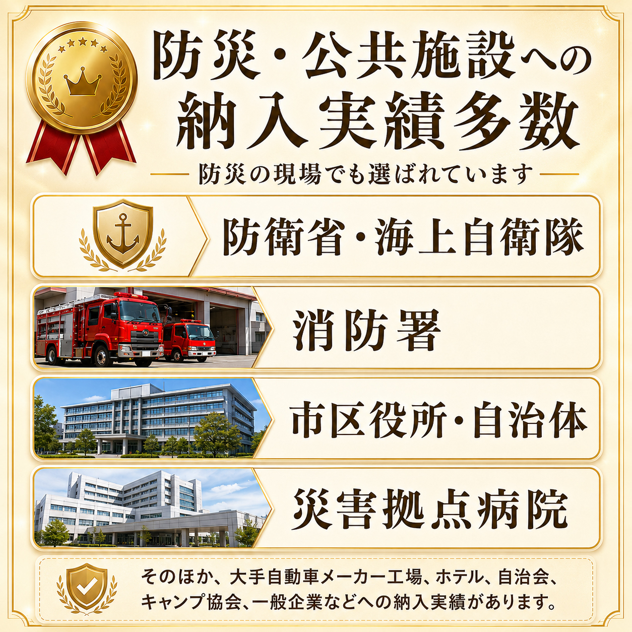 防災・公共施設への納入実績多数 防災の現場でも選ばれています 防衛省・海上自衛隊 消防署 市区役所・自治体 災害拠点病院 そのほか、大手自動車メーカー工場、ホテル、自治会、キャンプ協会、一般企業などへの納入実績があります。